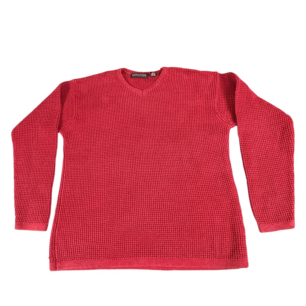 Vintage Structure Sweater Mens Medium Red Ramie Cotton V Neck Knit 2000s Y2K